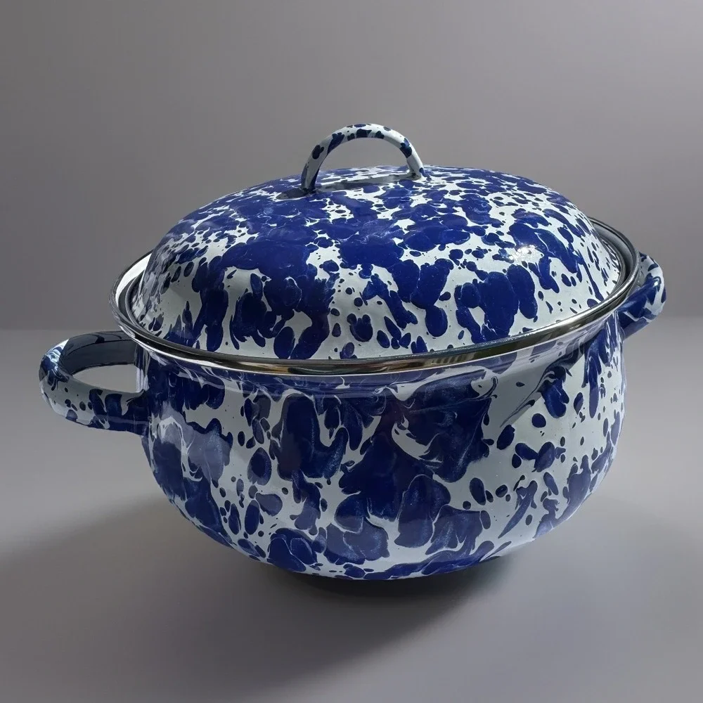 Golden Rabbit Blue White Splatter Enamelware Casserole Pot Dutch Oven 2.5 Quart